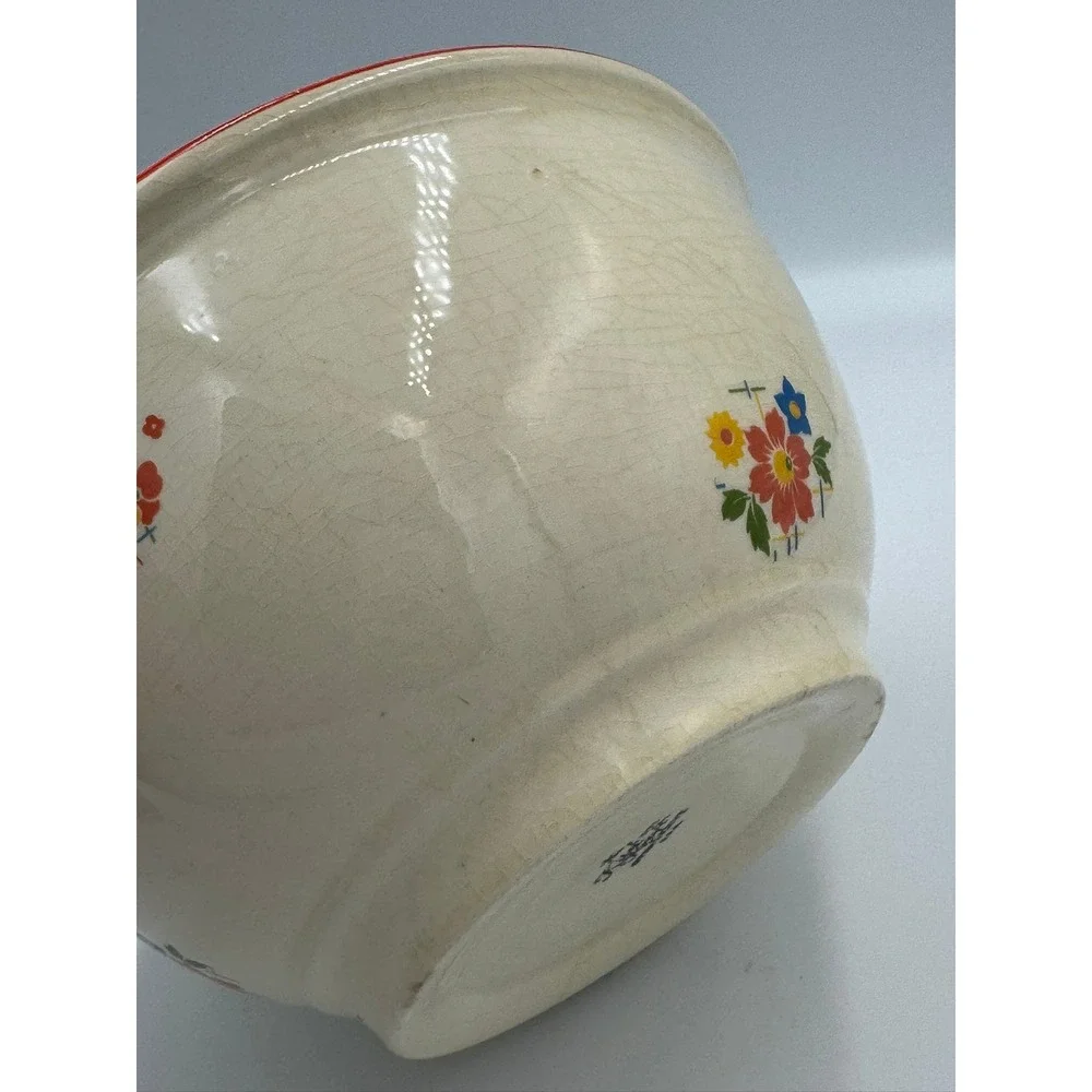 Vintage Homer Laughlin Kitchen Kraft Oven Serve‎ Floral Mixing Bowl Red Rim USA